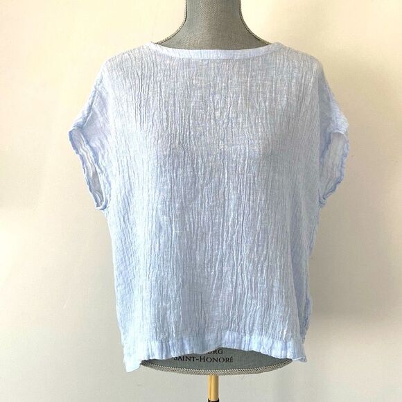 Tahari Blue European Linen Blouse sz S Relaxed Fit Breezy Summer Lagenlook - Picture 1 of 9